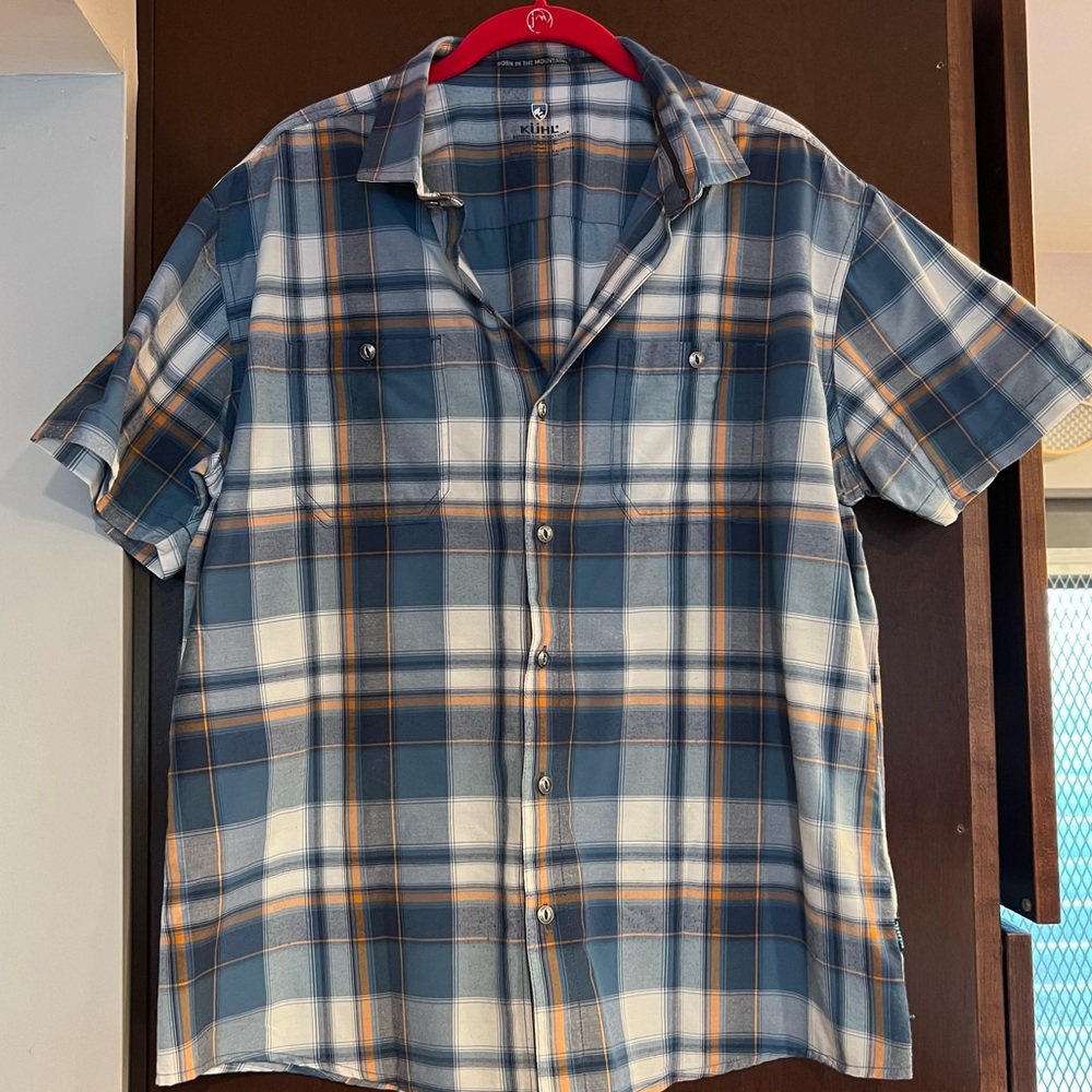 Kuhl Men’s Styk Short Sleeve Casual Button Up Shirt Blue Plaid Size XL
